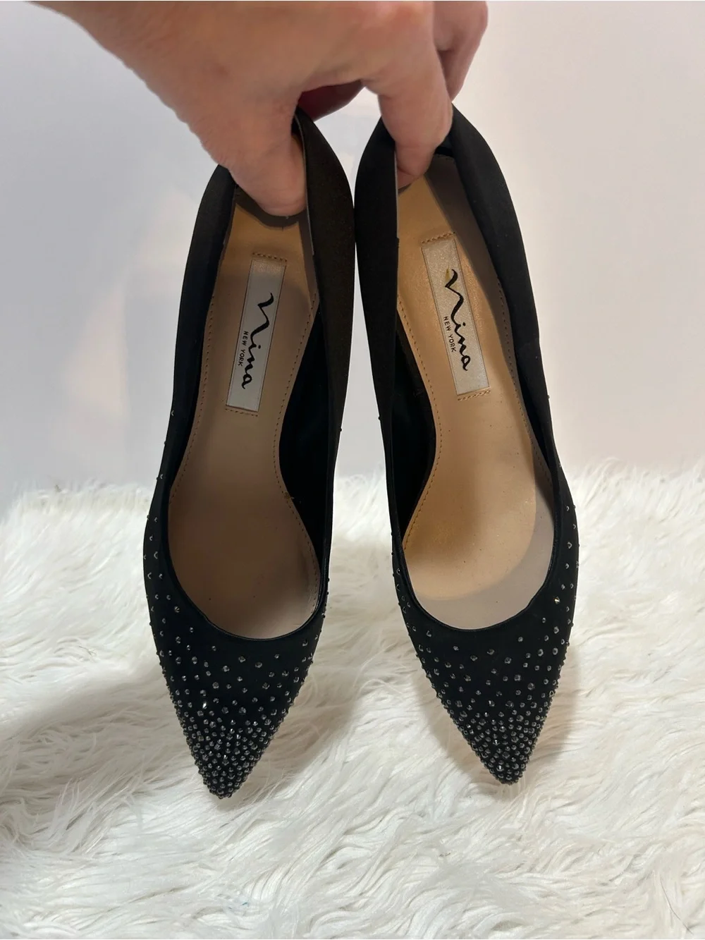 Nina Black Pointed-Toe Crystal-Stud Kitten Heels 7.5